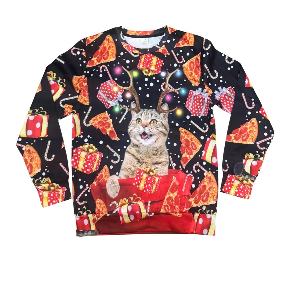 Funny Cat Pizza Antlers Christmas Ugly‎ Sweater Long Sleeve